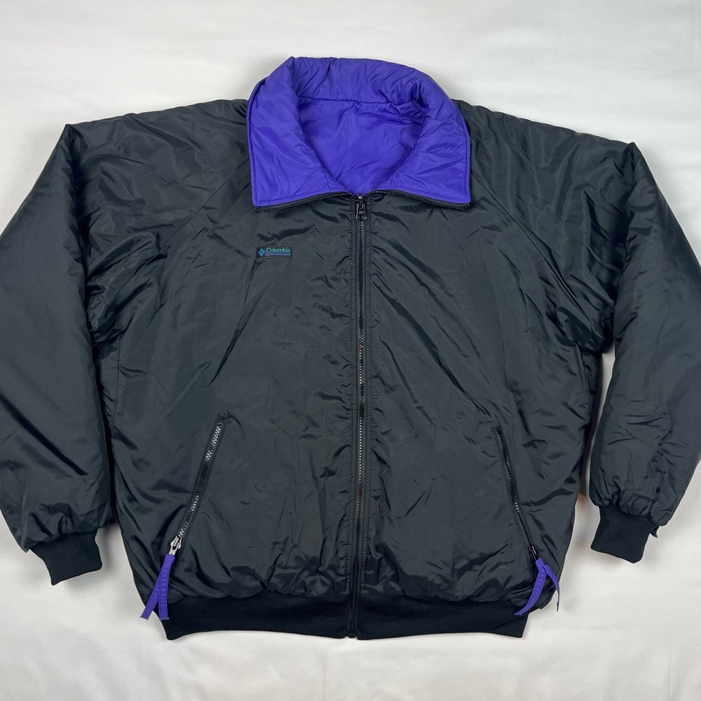 Vtg Columbia Mens Reversible Puffer Jacket Sz Large 90s Black/Purple Insulated